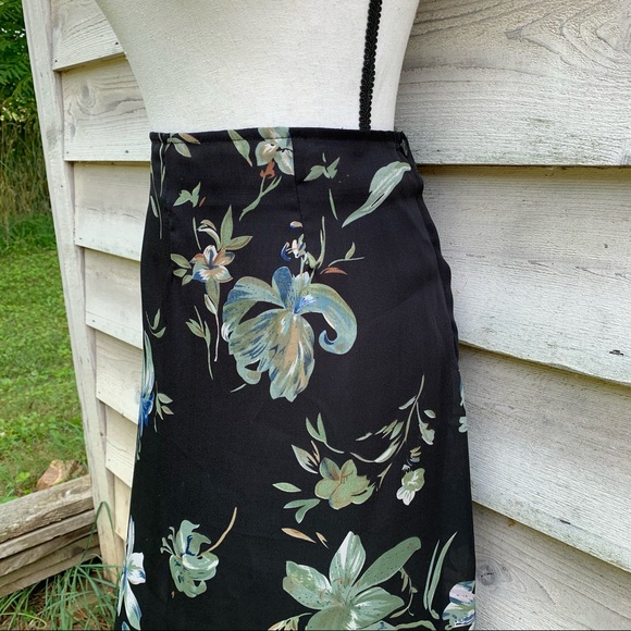 Vintage 90s Black Floral Print Elastic High Waist Sheer Ankle Length Midi Skirt - Picture 5 of 16